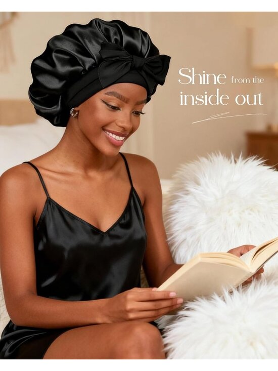 〽️Women Black Double Layer Hair Wrap Reduce Friction Prevent Frizz Satin Bonnet